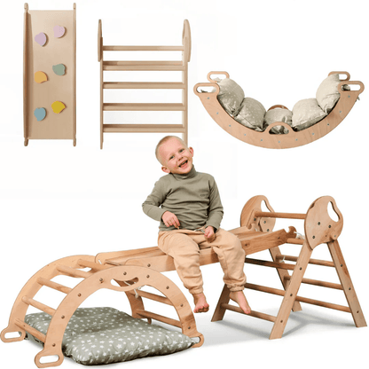 4in1 Montessori Climbing Frame: Pikler Triangle + Arch + Slide Board + Cushion for Toddlers (1–3 Years)