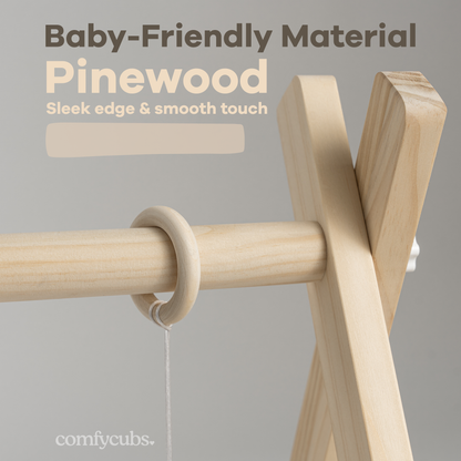 Comfy Cubs - Foldable Baby Play Gym with 5 Hanging Toys - Natural Wood - Ages 0–12 Months
