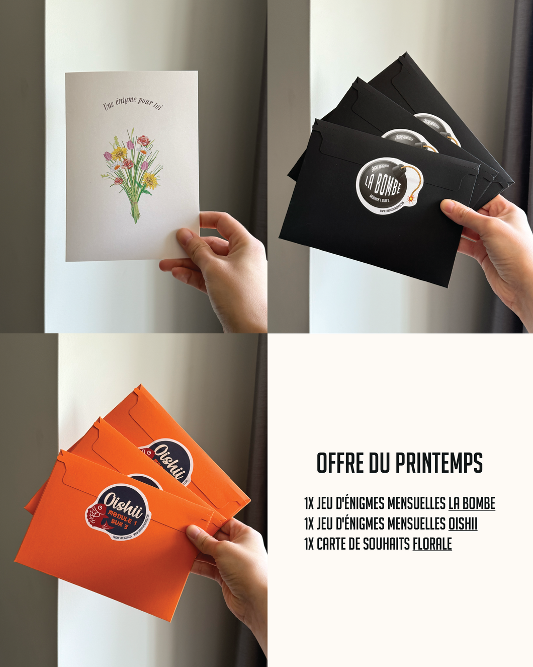 Offre du printemps : 2 jeux d'énigmes mensuelles (LA BOMBE + OISHII) et 1 carte de souhaits (FLORALE)